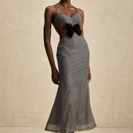 Violaine Sequin Cutout Midi Dress in Grey