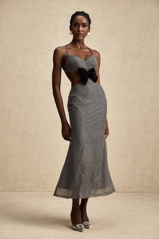 Violaine Sequin Cutout Midi Dress in Grey