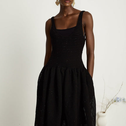 Violet Black Crochet Knit Sequin Embellished Flared Midi Dress with Thin Straps and Scoop Neck
