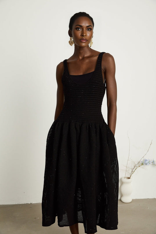 Violet Black Crochet Knit Sequin Embellished Flared Midi Dress with Thin Straps and Scoop Neck