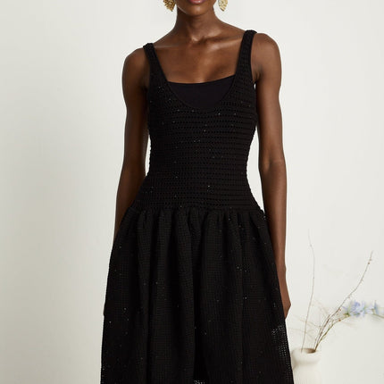 Violet Black Crochet Knit Sequin Embellished Flared Midi Dress with Thin Straps and Scoop Neck