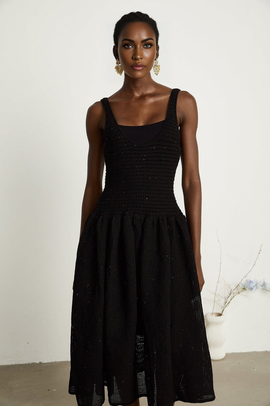 Violet Black Crochet Knit Sequin Embellished Flared Midi Dress with Thin Straps and Scoop Neck