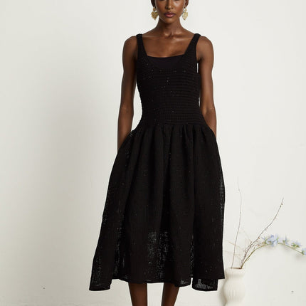 Violet Black Crochet Knit Sequin Embellished Flared Midi Dress with Thin Straps and Scoop Neck