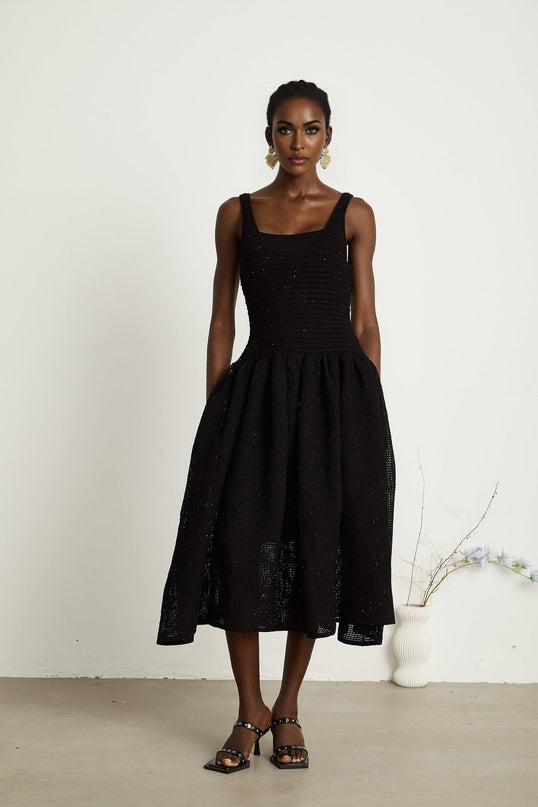 Violet Black Crochet Knit Sequin Embellished Flared Midi Dress with Thin Straps and Scoop Neck