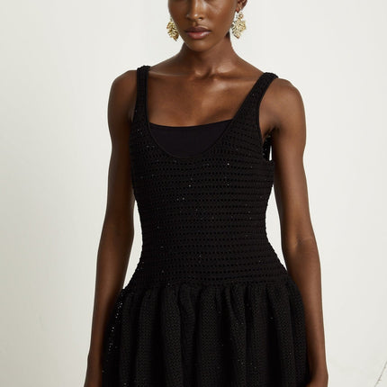 Violet Black Crochet Knit Sequin Embellished Flared Midi Dress with Thin Straps and Scoop Neck