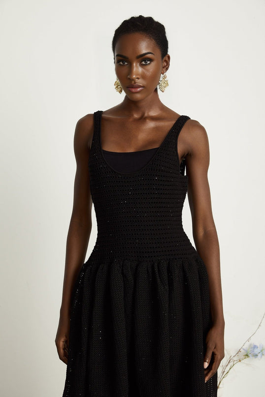 Violet Black Crochet Knit Sequin Embellished Flared Midi Dress with Thin Straps and Scoop Neck