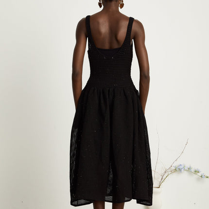 Violet Black Crochet Knit Sequin Embellished Midi Dress with Thin Straps and Scoop Neck