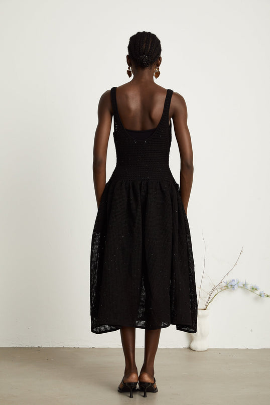 Violet Black Crochet Knit Sequin Embellished Midi Dress with Thin Straps and Scoop Neck