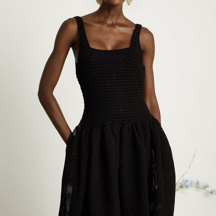 Violet Black Crochet Knit Sequin Embellished Midi Dress with Thin Straps and Scoop Neck