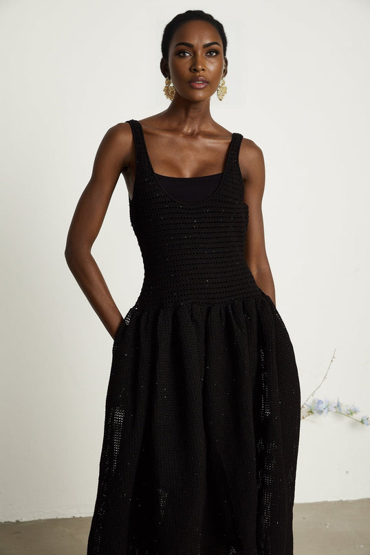 Violet Black Crochet Knit Sequin Embellished Midi Dress with Thin Straps and Scoop Neck