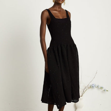 Violet Black Crochet Knit Sequin Embellished Midi Dress with Thin Straps and Scoop Neck