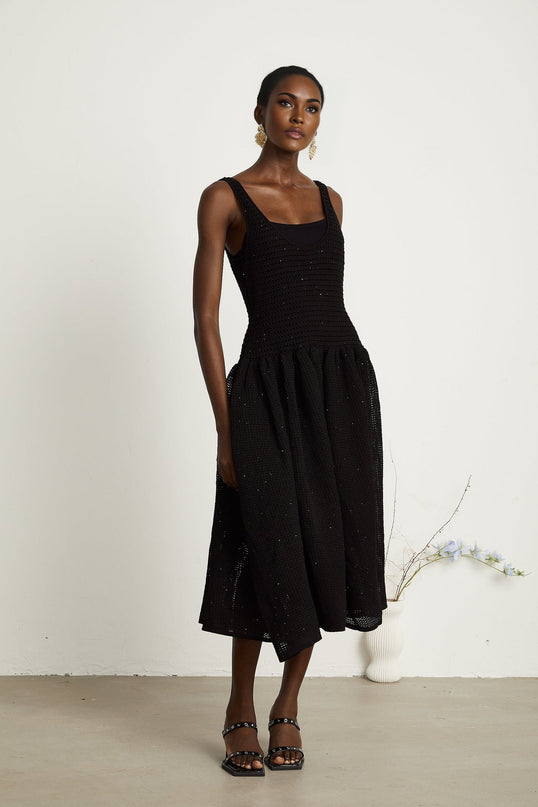 Violet Black Crochet Knit Sequin Embellished Midi Dress with Thin Straps and Scoop Neck