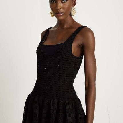Violet Black Crochet Knit Sequin Embellished Midi Dress with Thin Straps and Sleeveless Silhouette