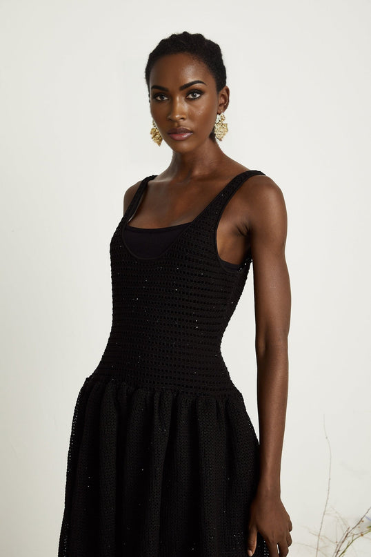 Violet Black Crochet Knit Sequin Embellished Midi Dress with Thin Straps and Sleeveless Silhouette