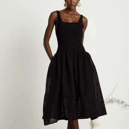 Violet Black Crochet Knit Sequin Embellished Midi Dress with Thin Straps and Scoop Neck
