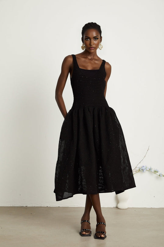 Violet Black Crochet Knit Sequin Embellished Midi Dress with Thin Straps and Scoop Neck