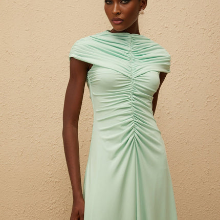 Violet Green Maxi Dress Ruched Pleated Bateau Neck Cap Sleeves Mint Green 95% Terylene 5% Spandex