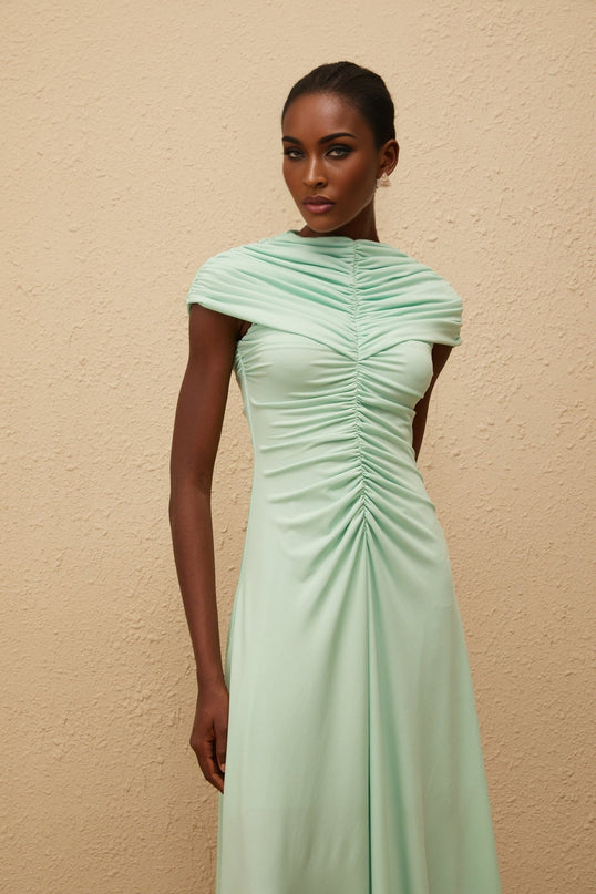 Violet Green Maxi Dress Ruched Pleated Bateau Neck Cap Sleeves Mint Green 95% Terylene 5% Spandex