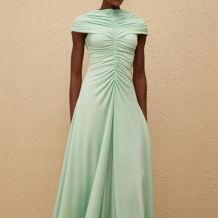 Violet Green Maxi Dress Ruched Pleated Bateau Neck Cap Sleeves Mint Green Elegant Formal Dress