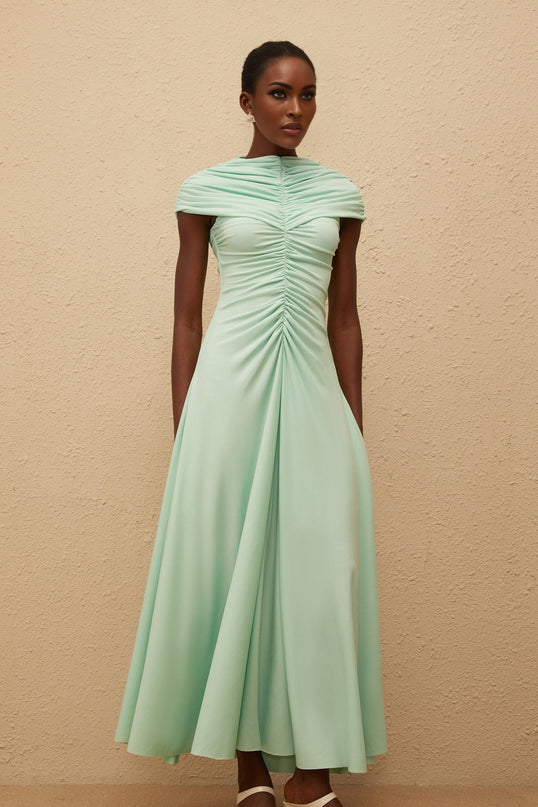 Violet Green Maxi Dress Ruched Pleated Bateau Neck Cap Sleeves Mint Green Elegant Formal Dress