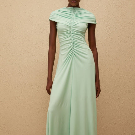 Violet Green Maxi Dress Ruched Pleated Bateau Neck Cap Sleeves Mint Green 95% Terylene 5% Spandex Elegant Formal Special Events