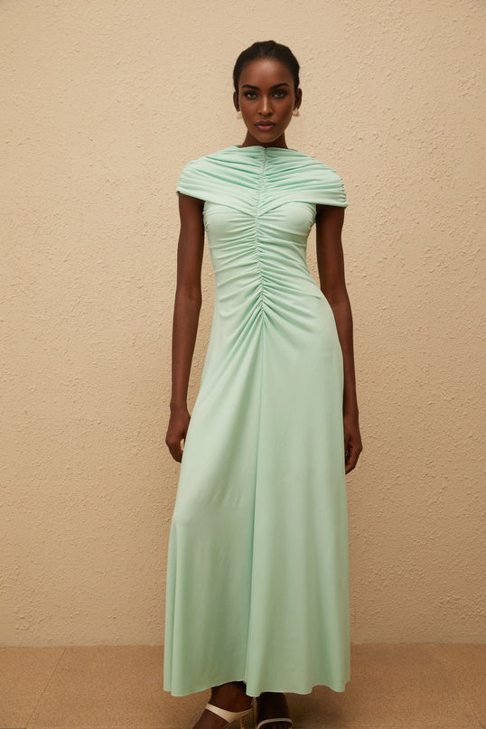 Violet Green Maxi Dress Ruched Pleated Bateau Neck Cap Sleeves Mint Green 95% Terylene 5% Spandex Elegant Formal Special Events