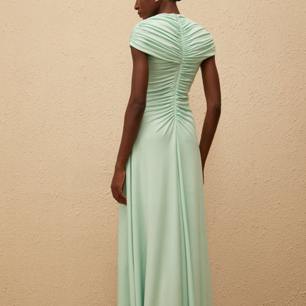 Violet Green Maxi Dress with Ruched and Pleated Detailing