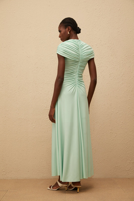 Violet Green Maxi Dress with Ruched and Pleated Detailing
