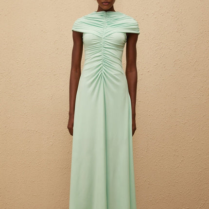 Violet Green Maxi Dress with Ruched and Pleated Detailing