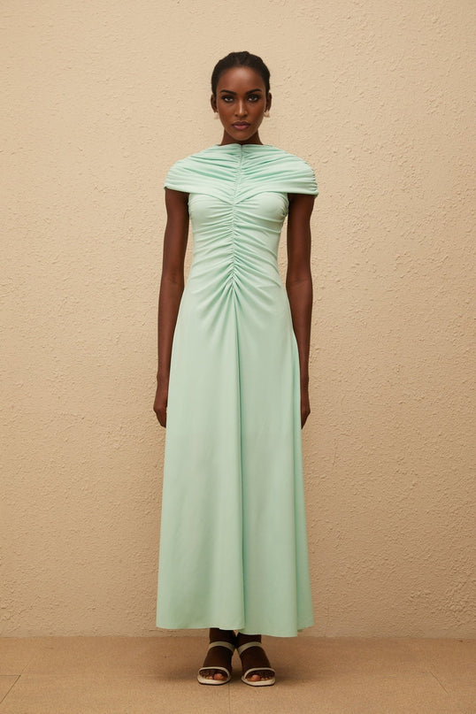 Violet Green Maxi Dress with Ruched and Pleated Detailing