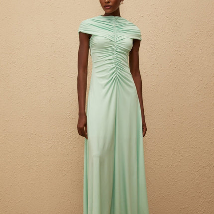 Violet Green Maxi Dress Ruched Pleated Bateau Neck Cap Sleeves Mint Green 95 Terylene 5 Spandex Formal Special Events