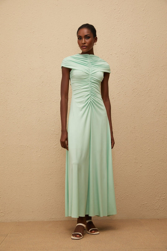 Violet Green Maxi Dress Ruched Pleated Bateau Neck Cap Sleeves Mint Green 95 Terylene 5 Spandex Formal Special Events