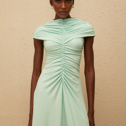 Violet Green Maxi Dress with Ruched and Pleated Detailing