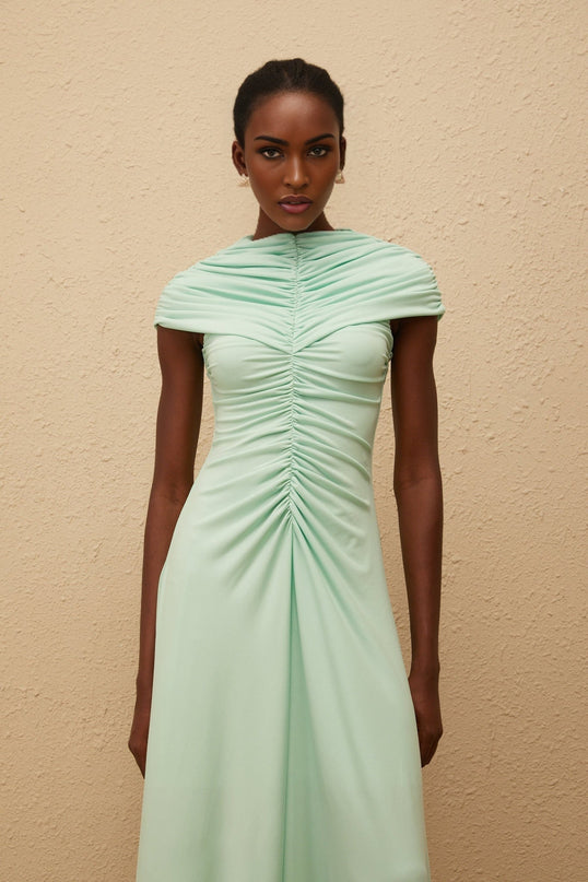 Violet Green Maxi Dress with Ruched and Pleated Detailing
