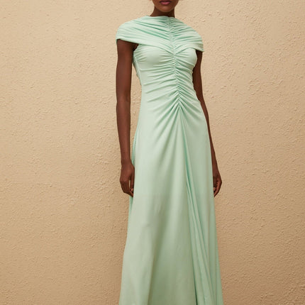 Violet Green Maxi Dress with Ruched and Pleated Detailing