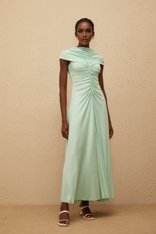 Violet Green Maxi Dress with Ruched and Pleated Detailing