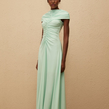 Violet Maxi Dress in Mint Green with Bateau Neck and Cap Sleeves