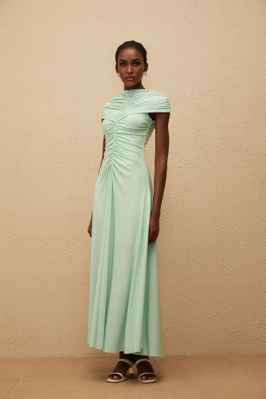 Violet Maxi Dress in Mint Green with Bateau Neck and Cap Sleeves