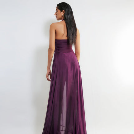 Violet Purple Wine Halter Neck Maxi Dress with Ruched Detailing