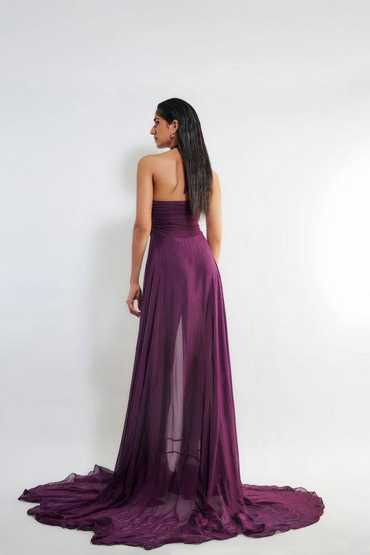 Violet Purple Wine Halter Neck Maxi Dress with Ruched Detailing