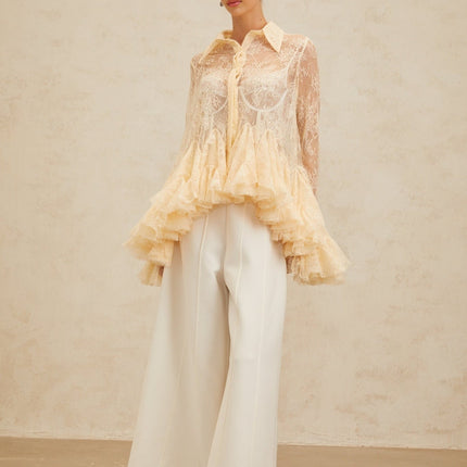 Violet wearing Neutrals Floral Lace Ruffled Sequin Blouse with Peplum Hem and Pointed Collar