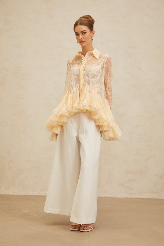 Violet wearing Neutrals Floral Lace Ruffled Sequin Blouse with Peplum Hem and Pointed Collar