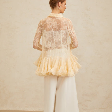 Violet wearing Neutrals Floral Lace Ruffled Sequin Blouse Peplum Pointed Collar Flared Sleeves Terylene Fiber