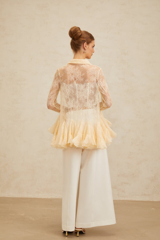 Violet wearing Neutrals Floral Lace Ruffled Sequin Blouse Peplum Pointed Collar Flared Sleeves Terylene Fiber
