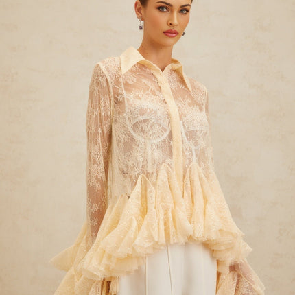 Violet wearing Neutrals Floral Lace Ruffled Sequin Blouse Peplum Pointed Collar Flared Sleeves Terylene Fiber