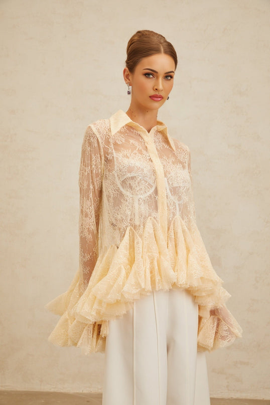 Violet wearing Neutrals Floral Lace Ruffled Sequin Blouse Peplum Pointed Collar Flared Sleeves Terylene Fiber