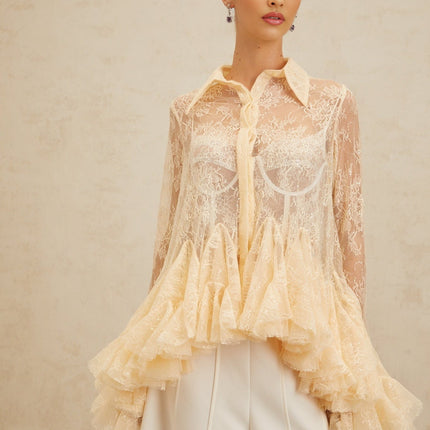 Violet in Neutrals Floral Lace Ruffled Sequin Blouse Peplum Pointed Collar Flared Sleeves Terylene Fiber
