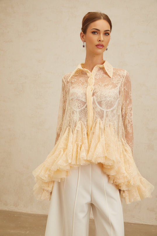 Violet in Neutrals Floral Lace Ruffled Sequin Blouse Peplum Pointed Collar Flared Sleeves Terylene Fiber