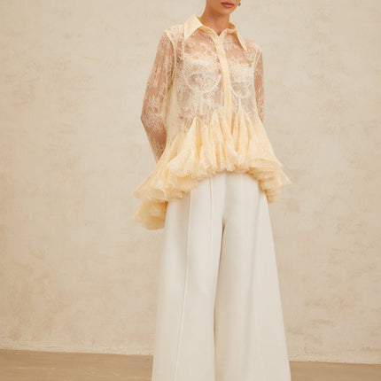 Violet wearing Neutrals Floral Lace Ruffled Sequin Blouse Peplum Pointed Collar Flared Sleeves Terylene fiber
