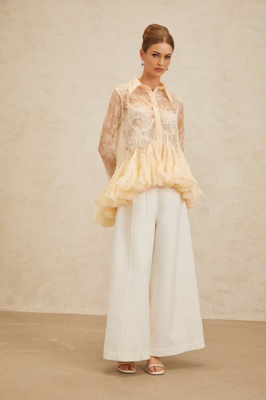 Violet wearing Neutrals Floral Lace Ruffled Sequin Blouse Peplum Pointed Collar Flared Sleeves Terylene fiber